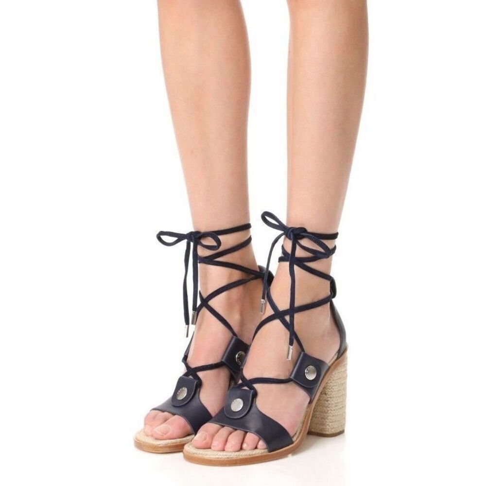 Rag & Bone Eden Sandal Navy Leather Raffia Lace Up $450 Size 38